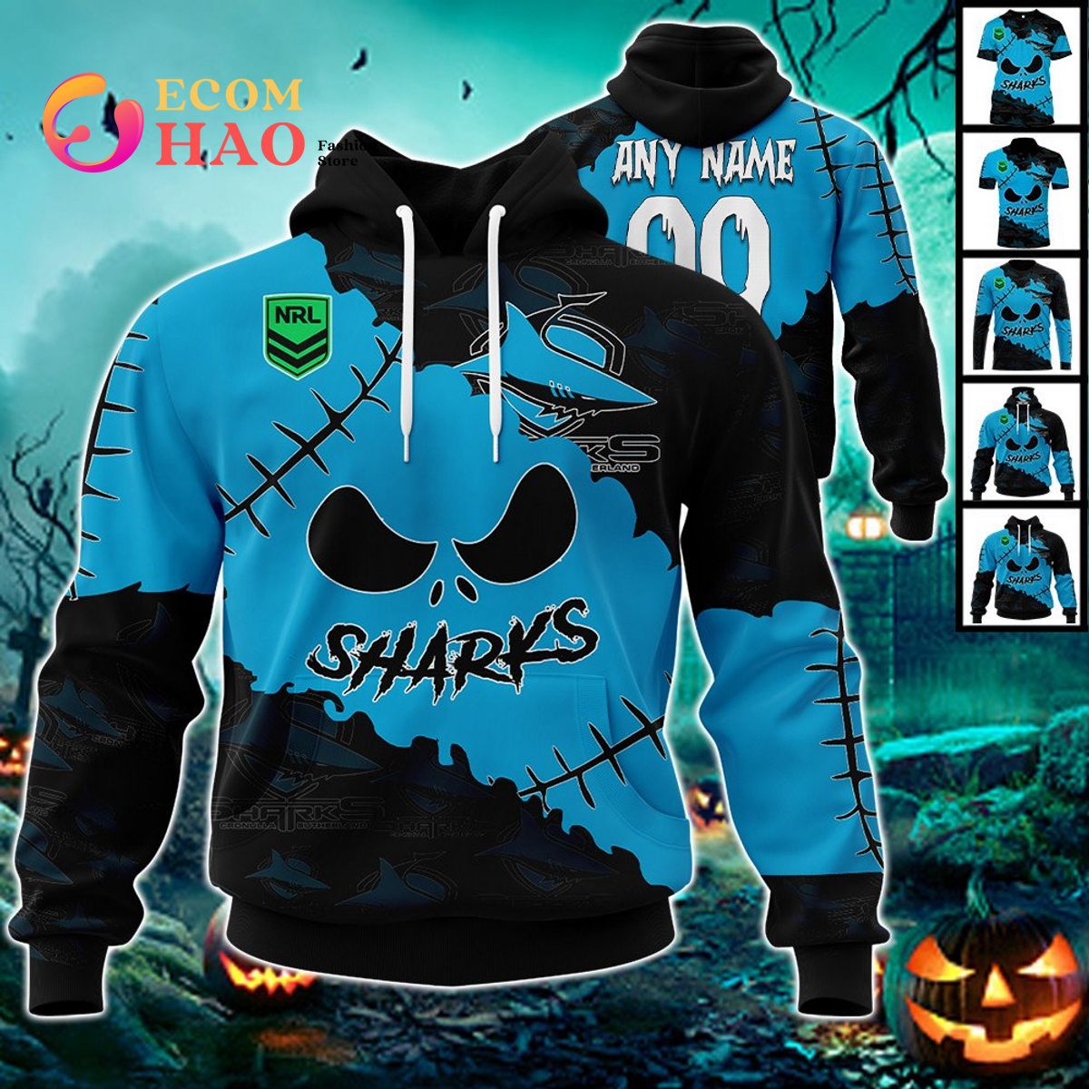 NRL Cronulla-Sutherland Sharks Custom Your Name & Number Halloween Style 3D Hoodie