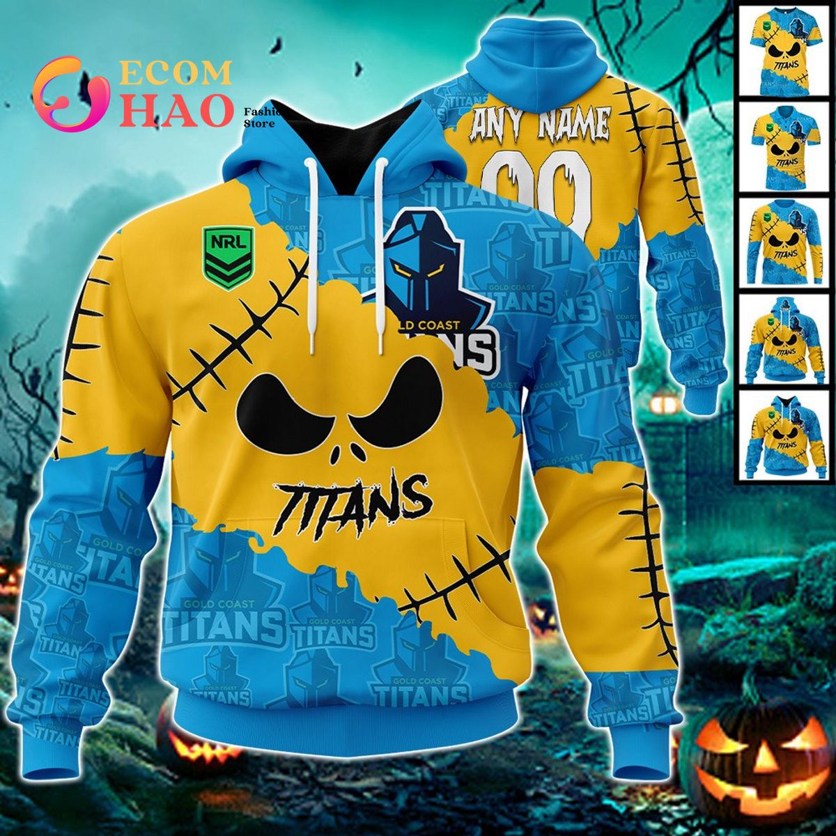 NRL Gold Coast Titans Custom Your Name & Number Halloween Style 3D Hoodie