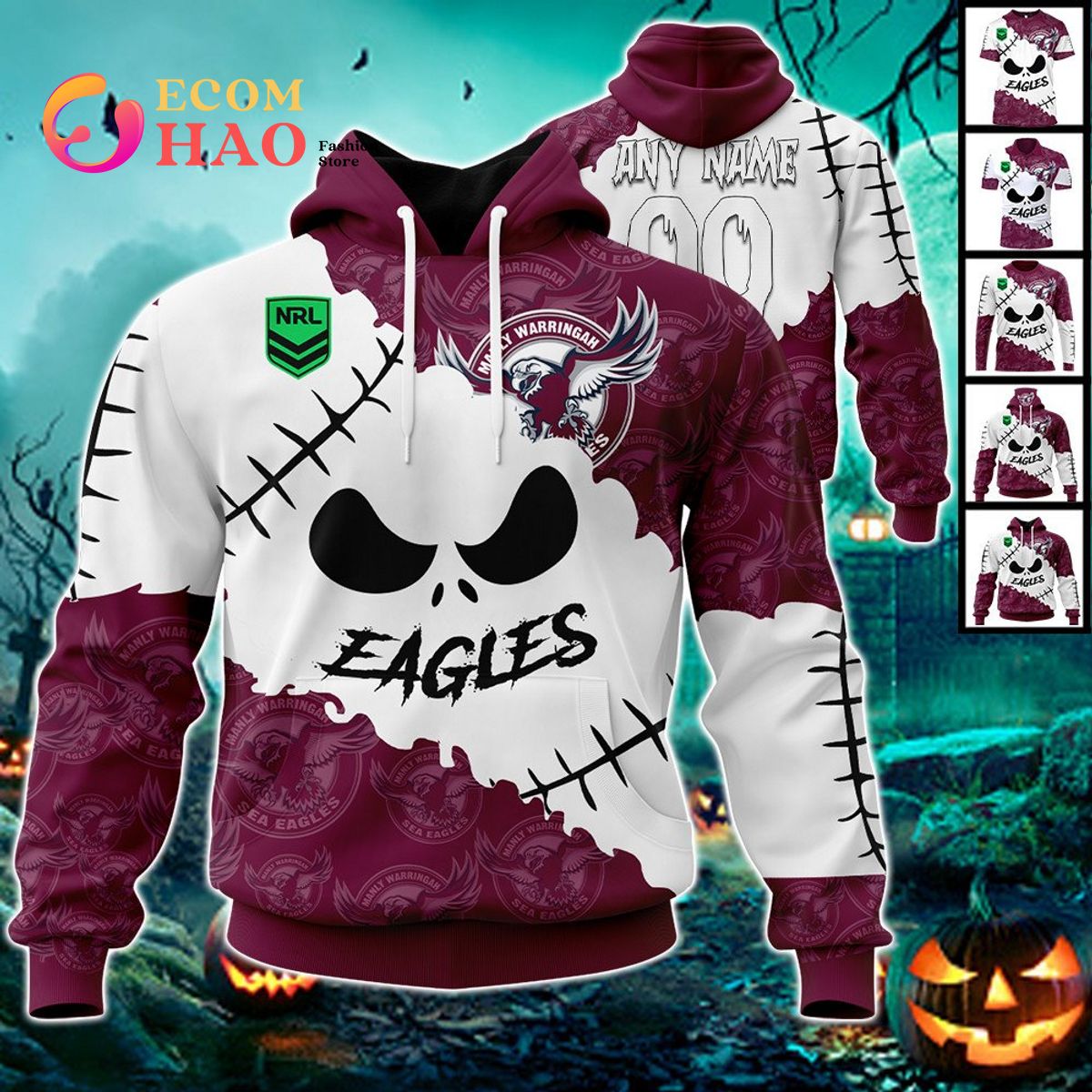 NRL Manly Warringah Sea Eagles Custom Your Name & Number Halloween Style 3D Hoodie