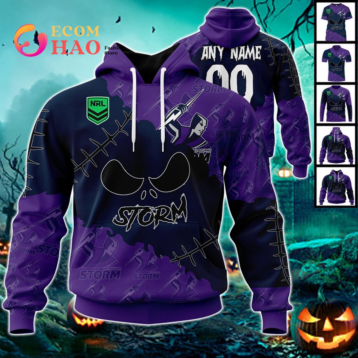 NRL Melbourne Storm Custom Your Name & Number Halloween Style 3D Hoodie