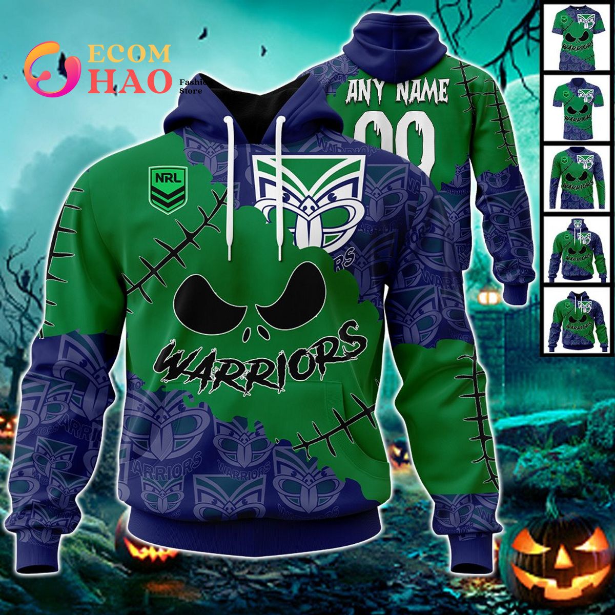 NRL New Zealand Warriors Custom Your Name & Number Halloween Style 3D Hoodie