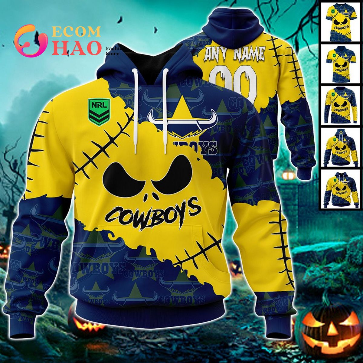 NRL North Queensland Cowboys Custom Your Name & Number Halloween Style 3D Hoodie