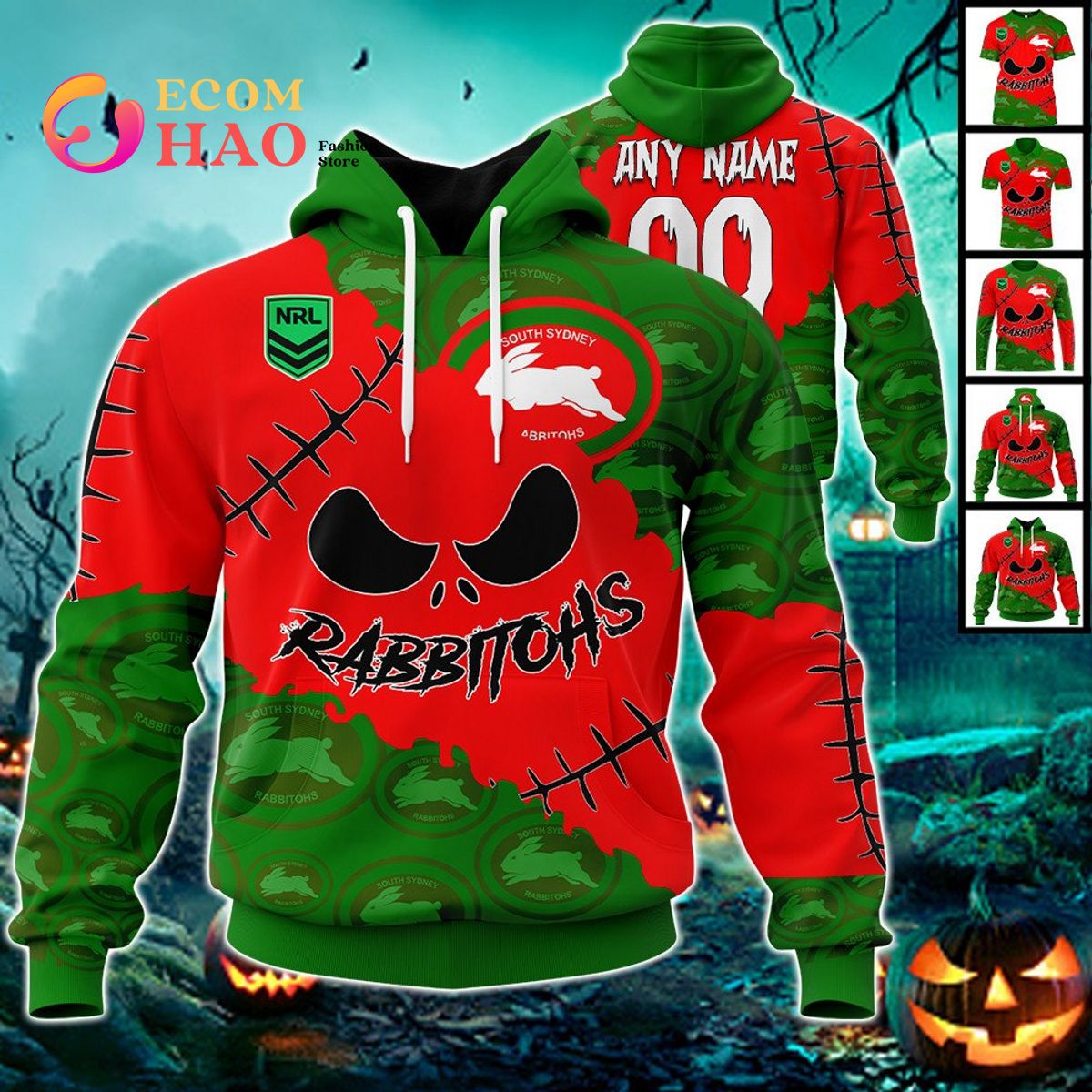 NRL South Sydney Rabbitohs Custom Your Name & Number Halloween Style 3D Hoodie