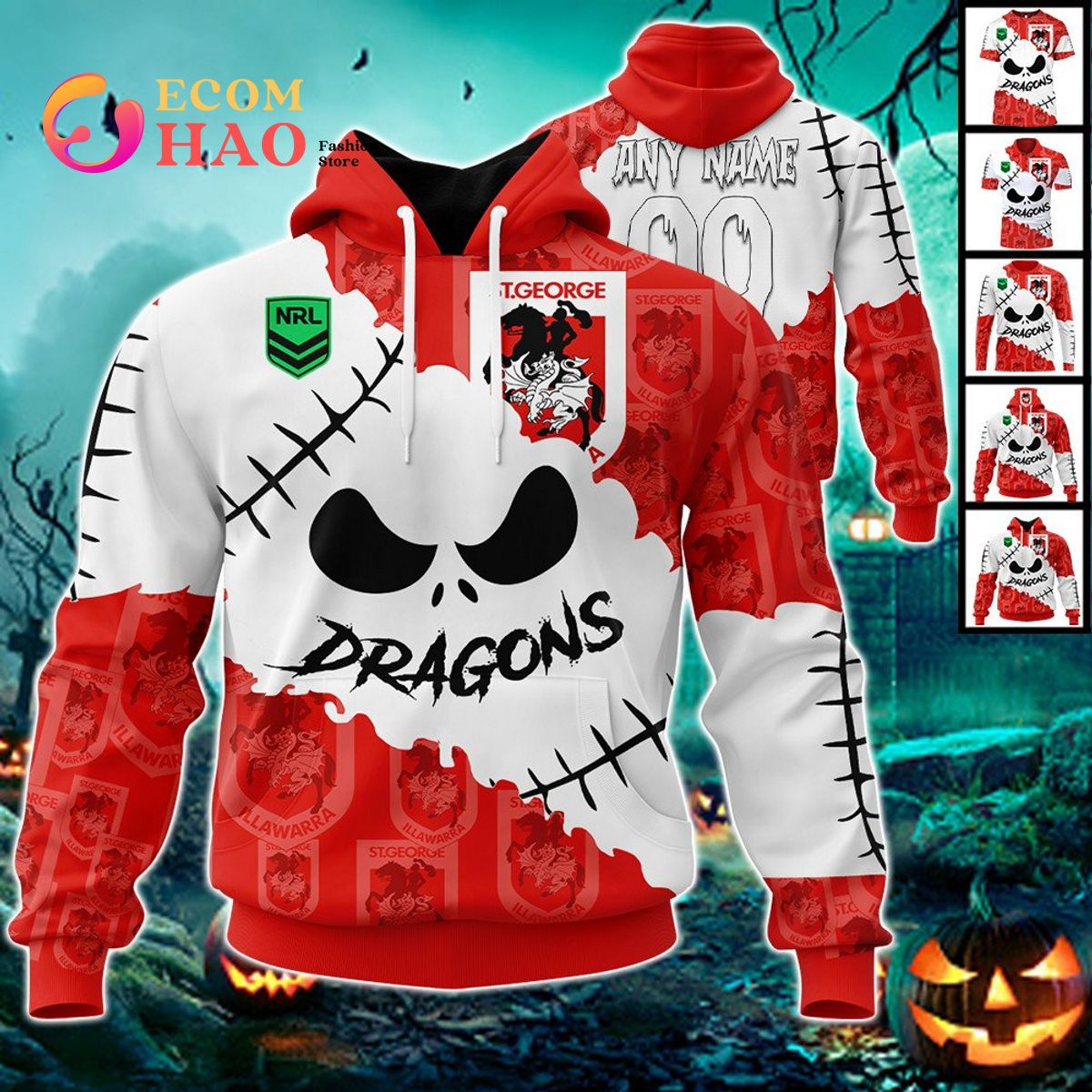 NRL St. George Illawarra Dragons Custom Your Name & Number Halloween Style 3D Hoodie