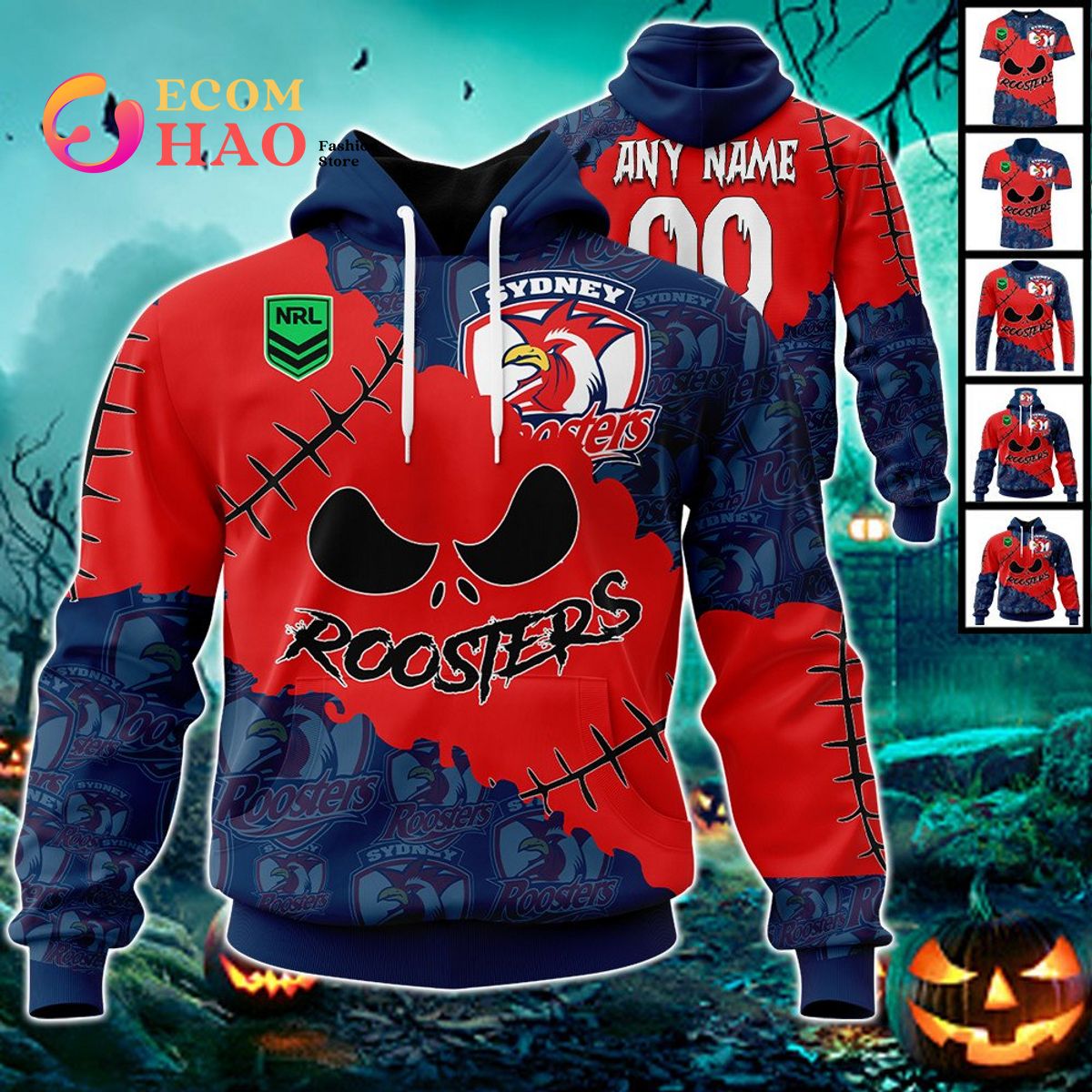 NRL Sydney Roosters Custom Your Name & Number Halloween Style 3D Hoodie