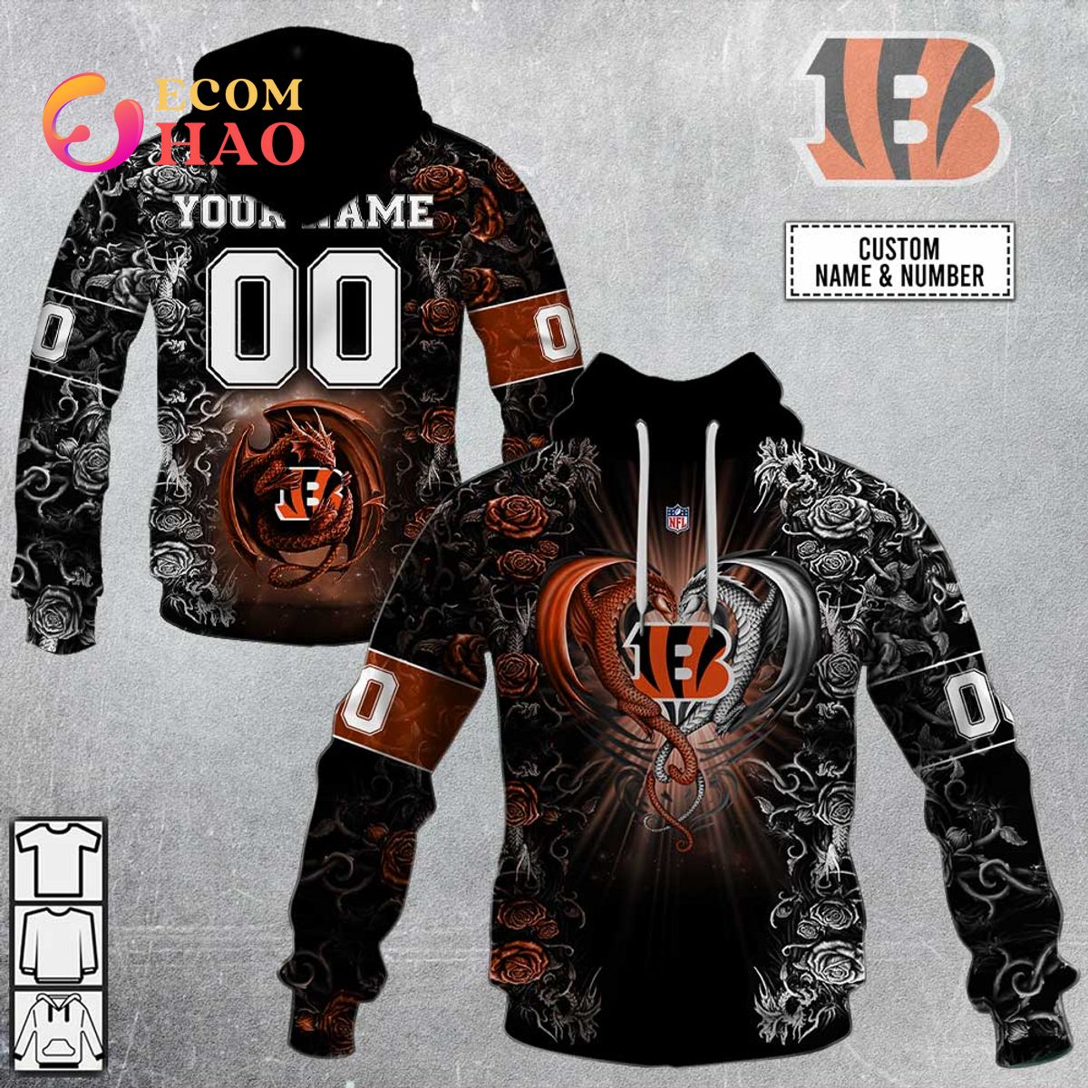 Personalized NFL Rose Dragon Cincinnati Bengals 3D Hoodie