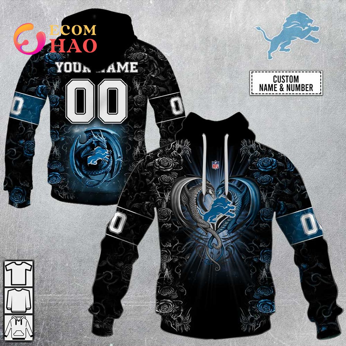 Personalized NFL Rose Dragon Detroit Lions 3D Hoodie