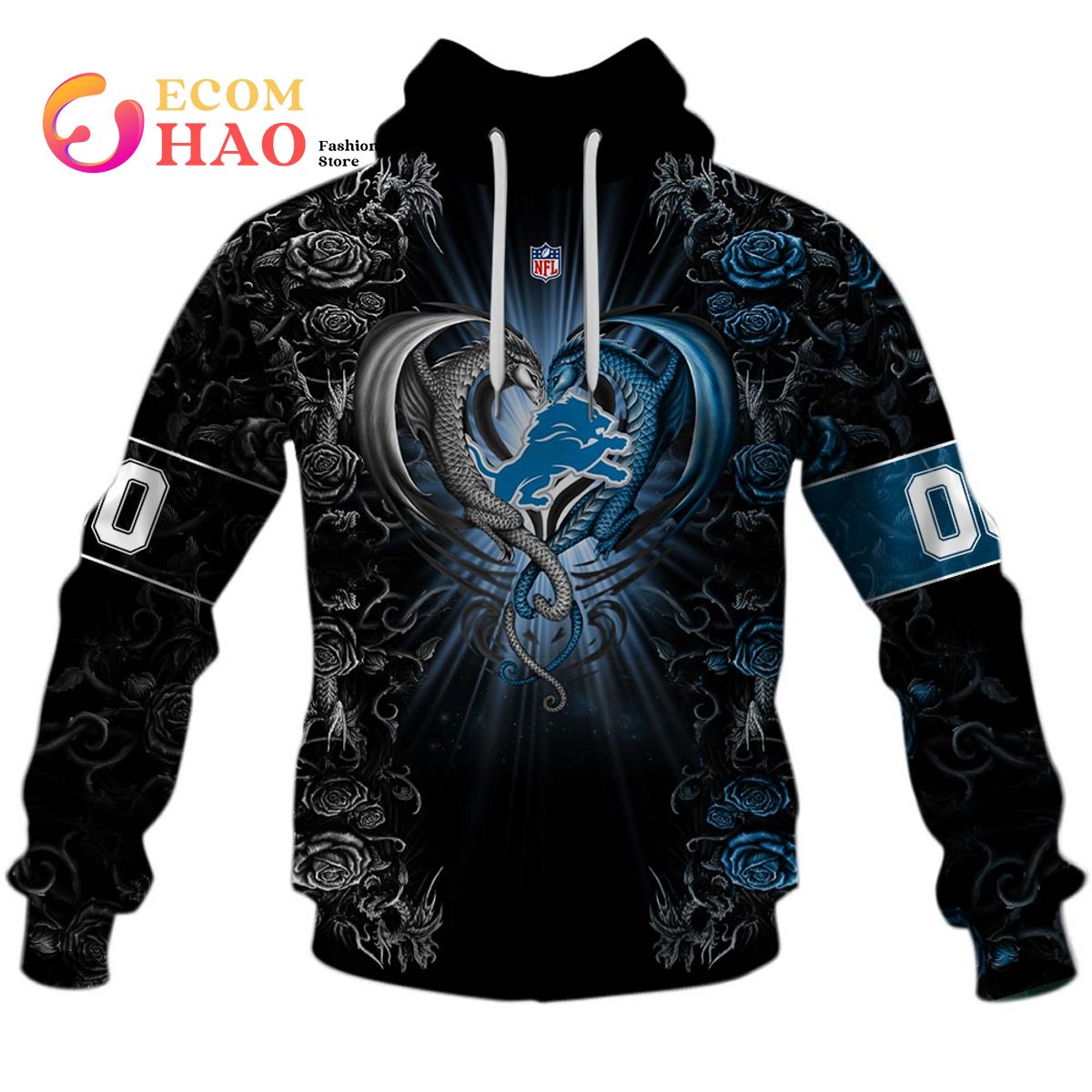 Personalized NFL Rose Dragon Detroit Lions 3D Hoodie