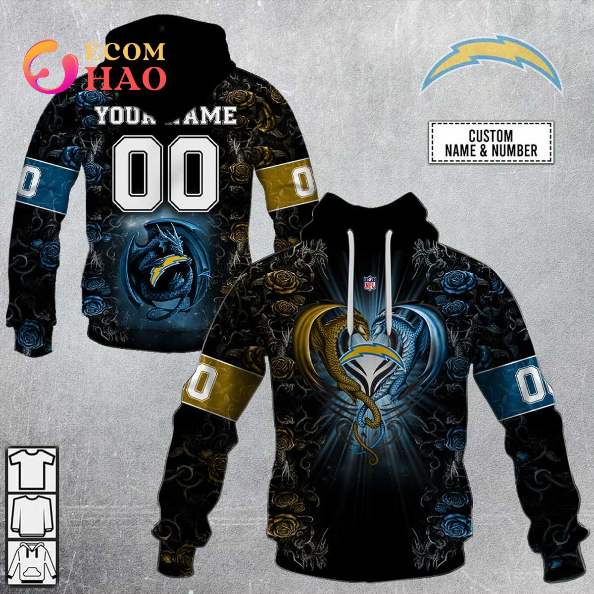 Personalized NFL Rose Dragon Los Angeles Chargers 3D Hoodie