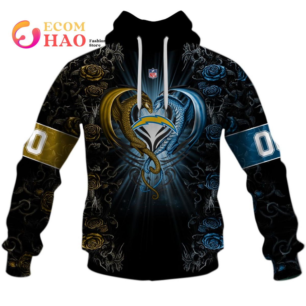 Personalized NFL Rose Dragon Los Angeles Chargers 3D Hoodie