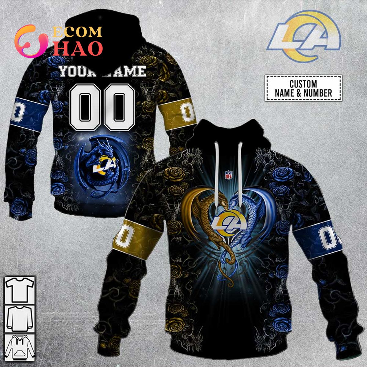 Personalized NFL Rose Dragon Los Angeles Rams 3D Hoodie