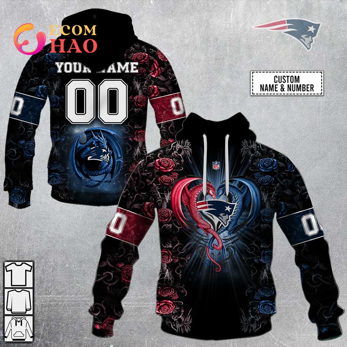 Personalized NFL Rose Dragon New England Patriots 3D Hoodie