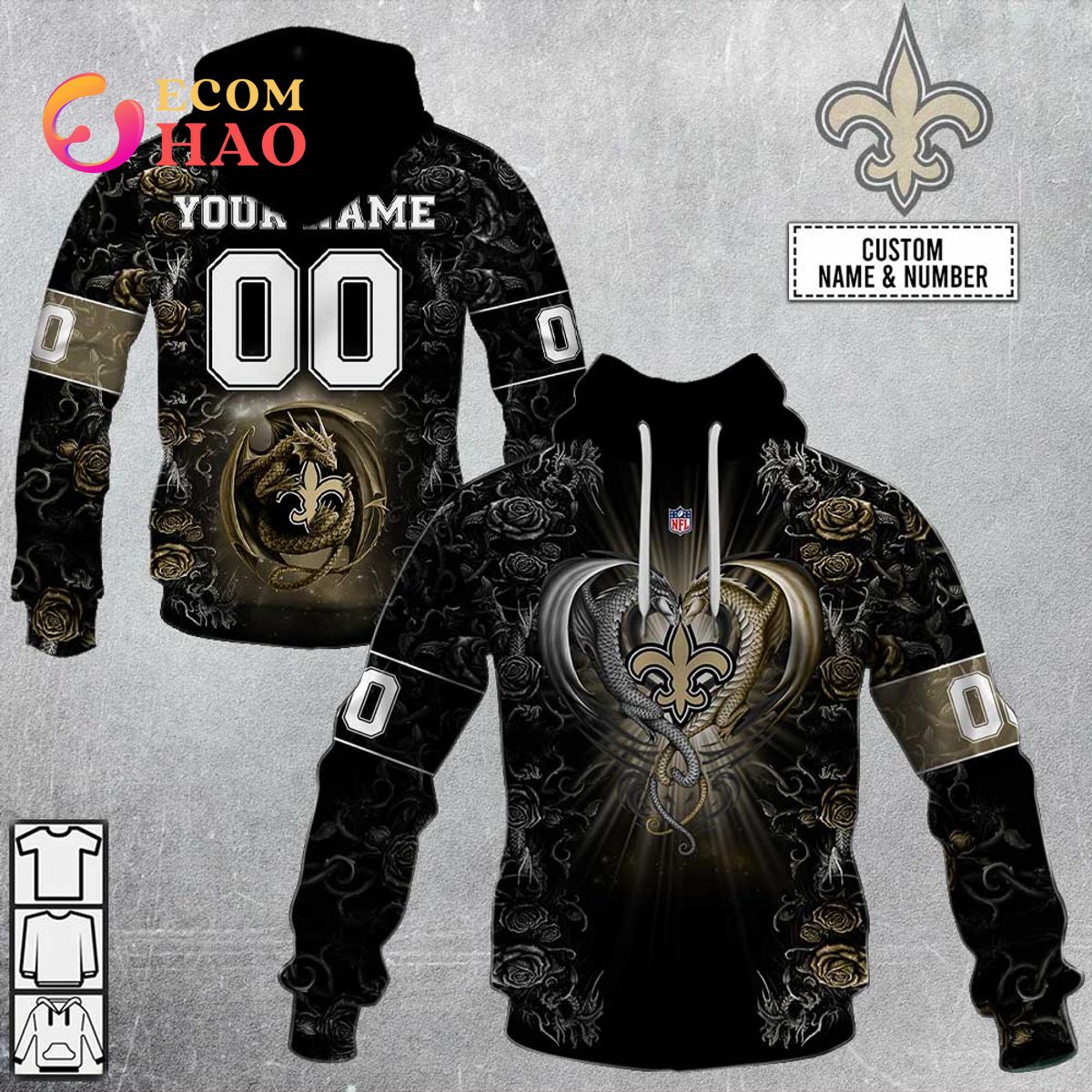 Personalized NFL Rose Dragon New Orleans Saints 3D Hoodie