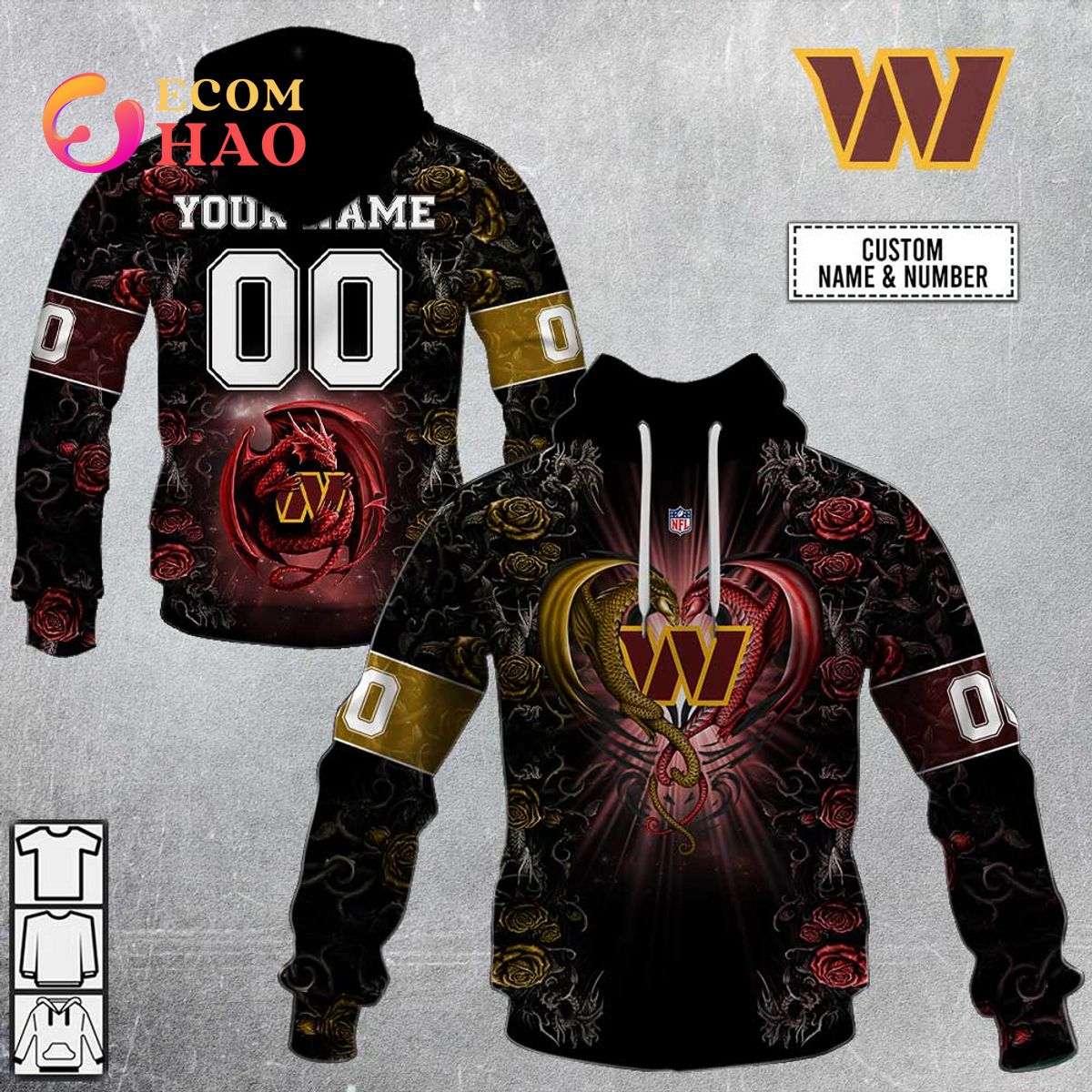 Personalized NFL Rose Dragon Washington Commanders 3D Hoodie