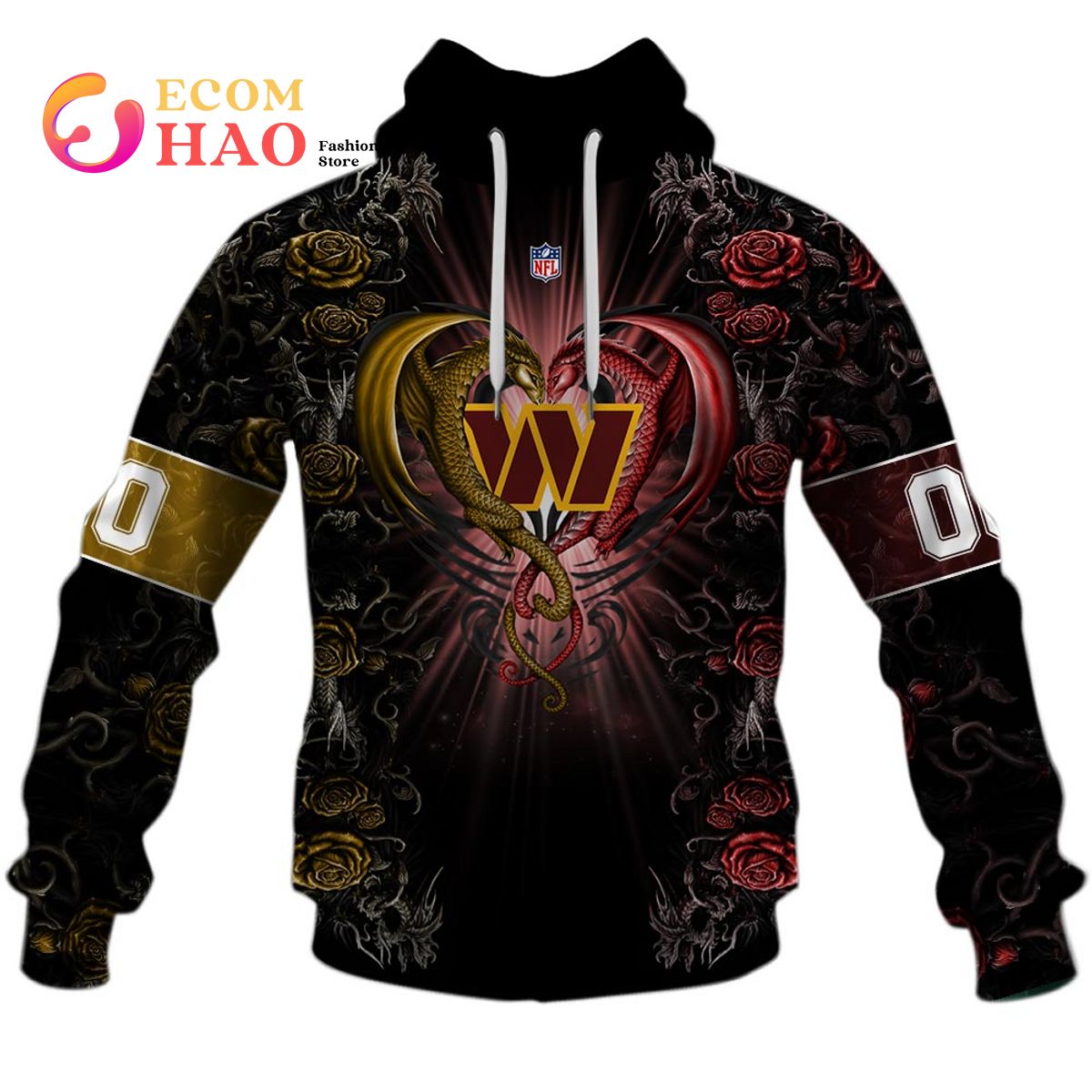 Personalized NFL Rose Dragon Washington Commanders 3D Hoodie