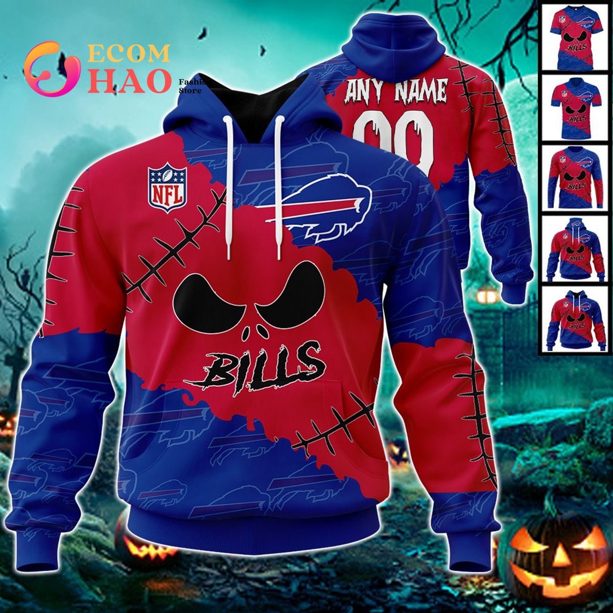 NFL Buffalo Bills Skull Red Blue Bomber Jacket 3D