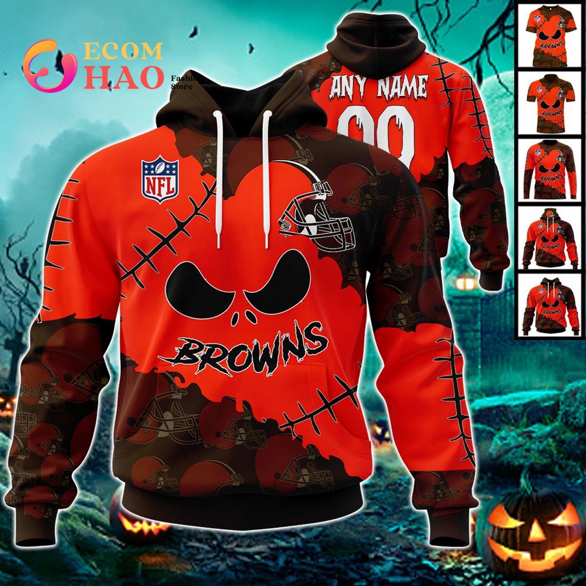 NFL Cleveland Browns Custom Your Name & Number Halloween Style 3D Hoodie -  Ecomhao Store