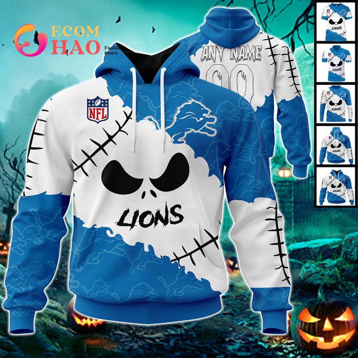 Detroit Lions NFL Custom Name And Number Skull Halloween Gift For Fan 3D  Hoodie