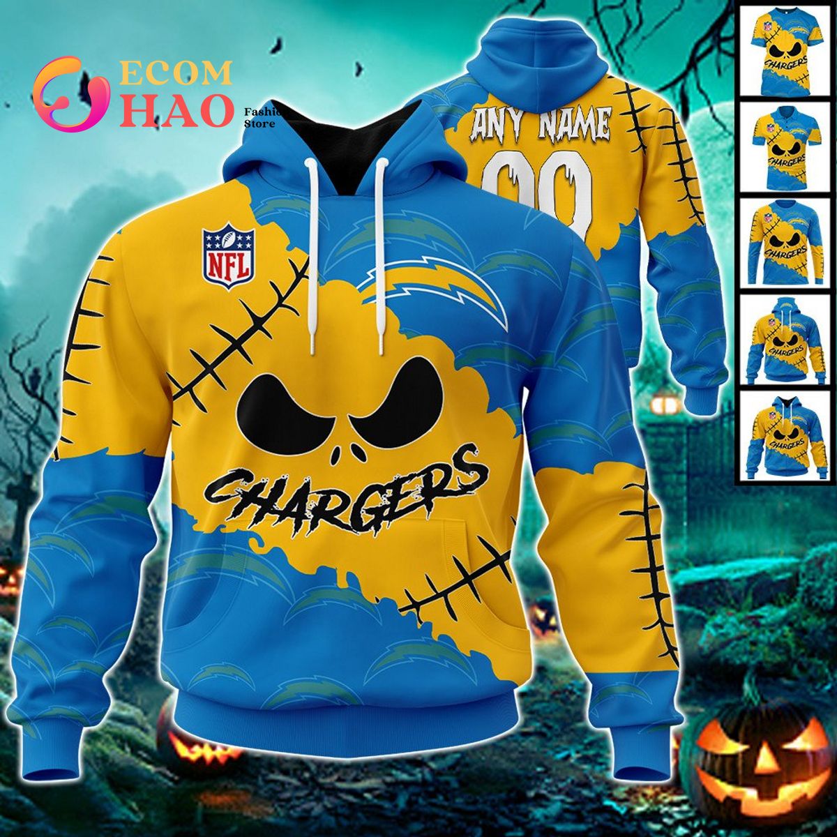 NFL Los Angeles Chargers Custom Your Name & Number Halloween Style 3D Hoodie