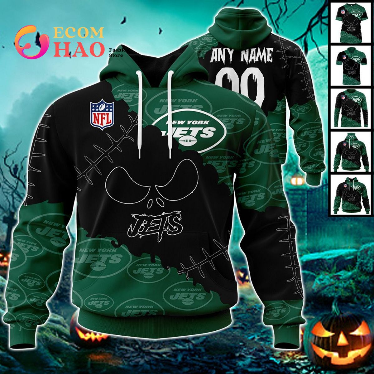 NFL New York Jets Custom Your Name & Number Halloween Style 3D Hoodie