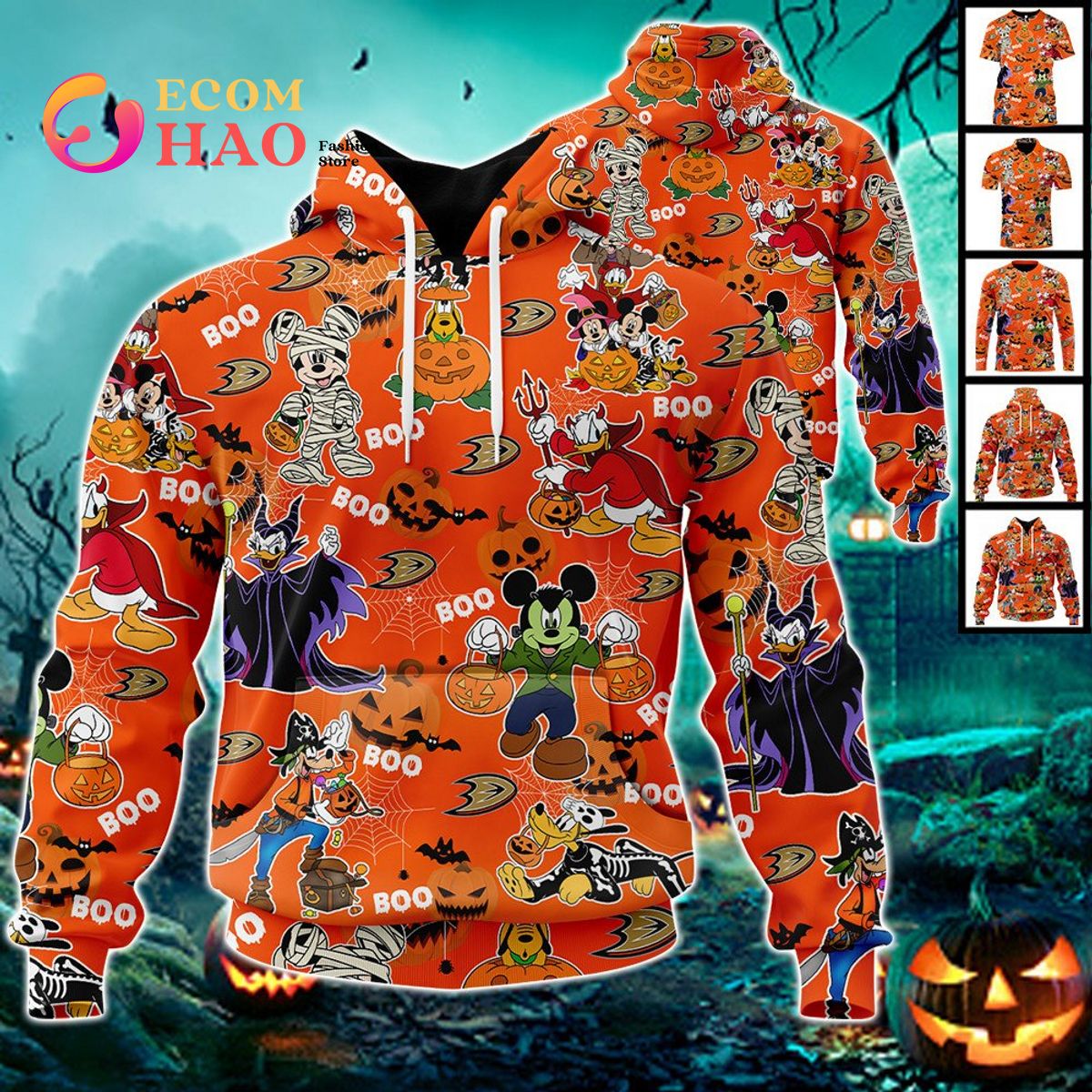 NHL Anaheim Ducks Halloween Jersey Mickey with Friends 3D Hoodie