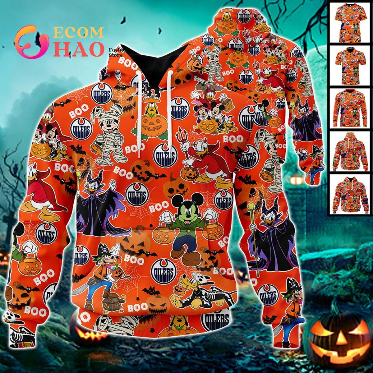 NHL Edmonton Oilers Halloween Jersey Mickey with Friends 3D Hoodie