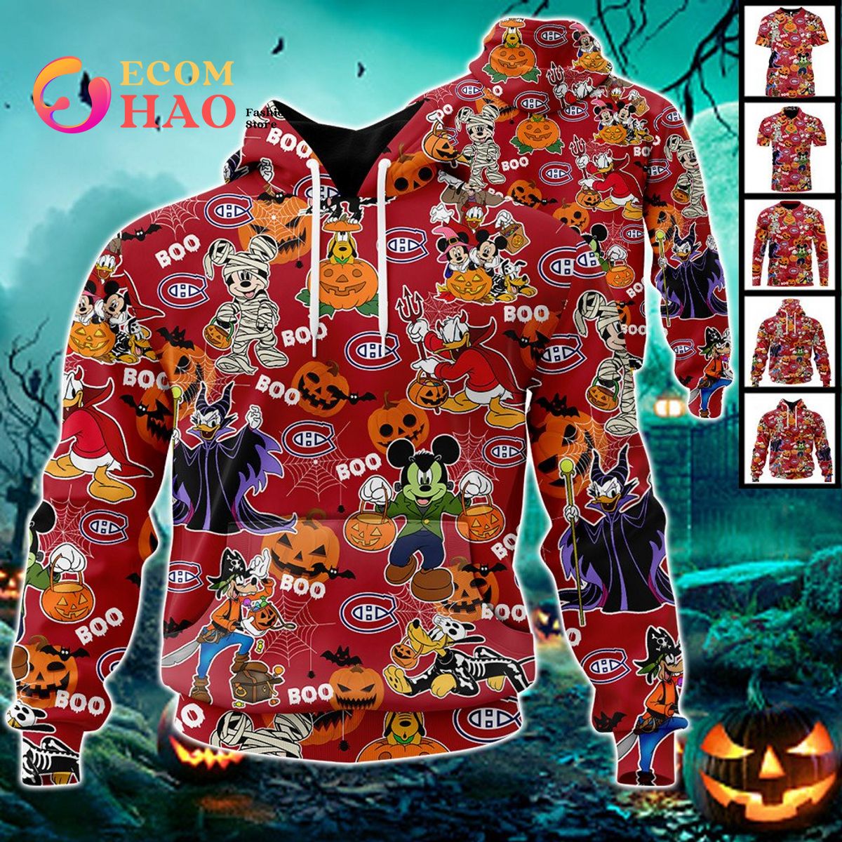 NHL Montreal Canadiens Halloween Jersey Mickey with Friends 3D Hoodie