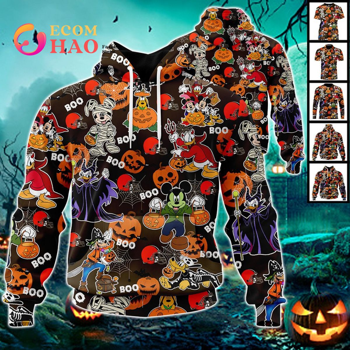 NFL Browns Halloween Jersey Mickey With Friends Style 3D Hoodie