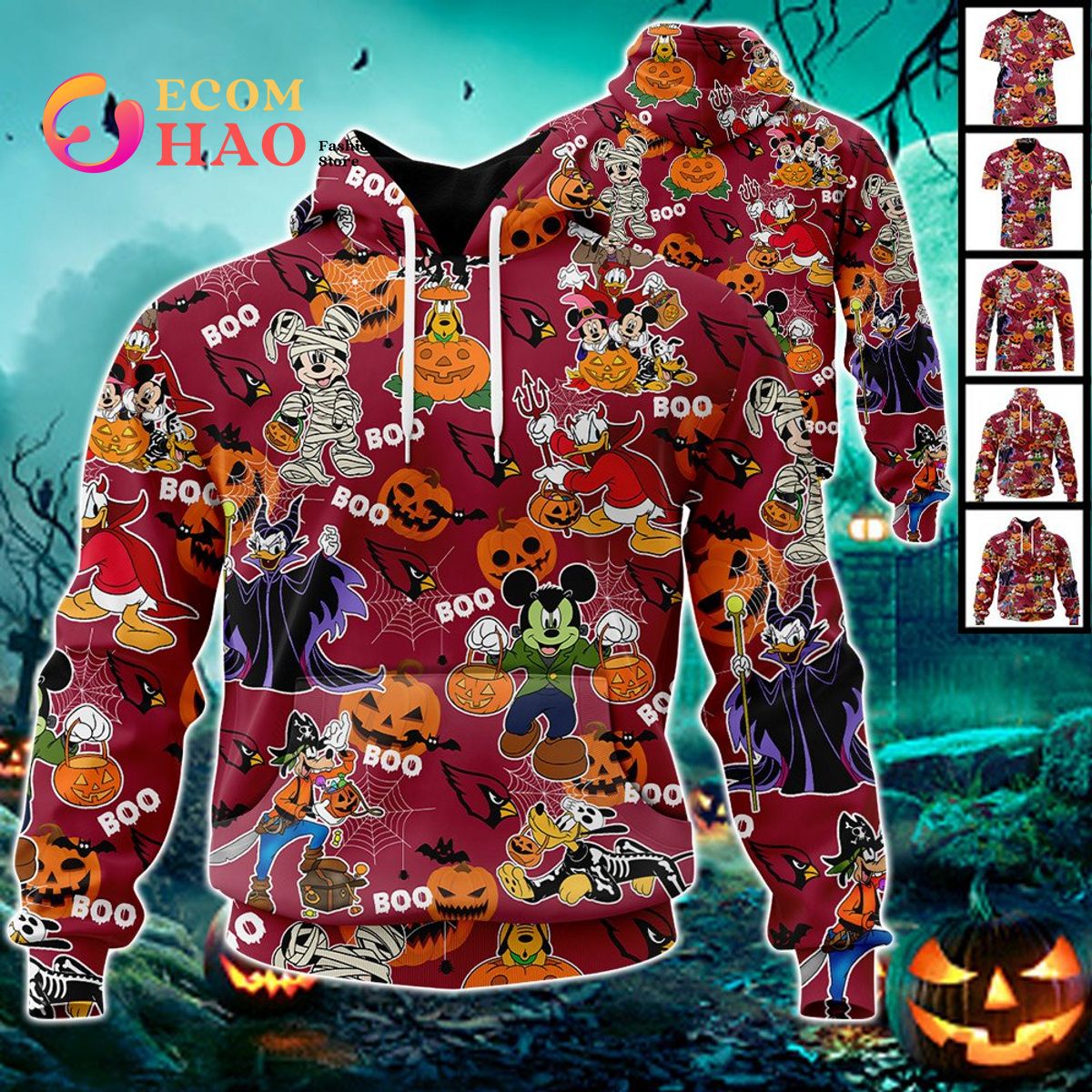 NFL Broncos Halloween Jersey Mickey With Friends Style 3D Hoodie