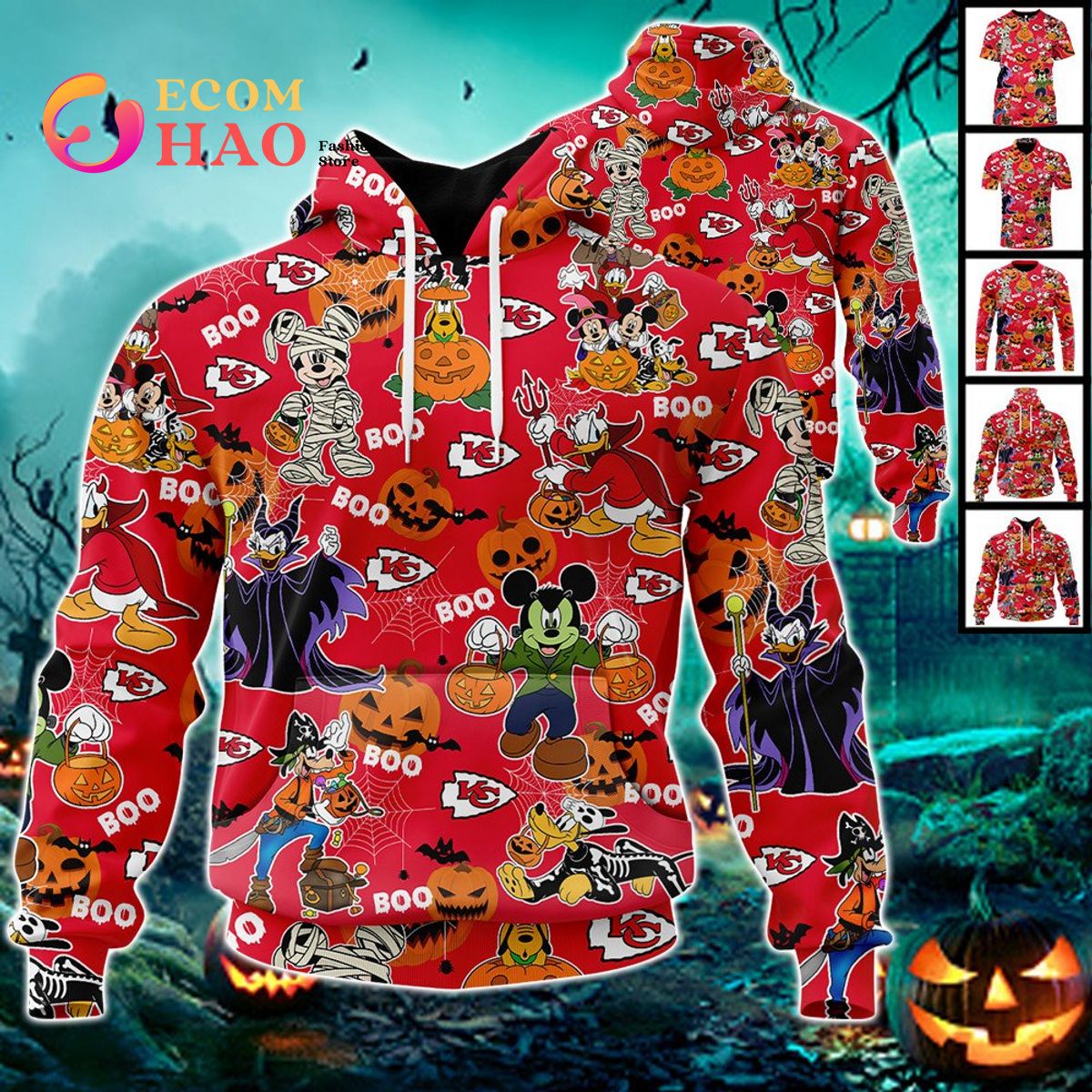 NFL Chiefs Halloween Jersey Mickey With Friends Style 3D Hoodie