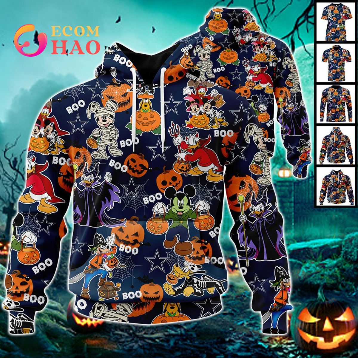 NFL Cowboys Halloween Jersey Mickey With Friends Style 3D Hoodie