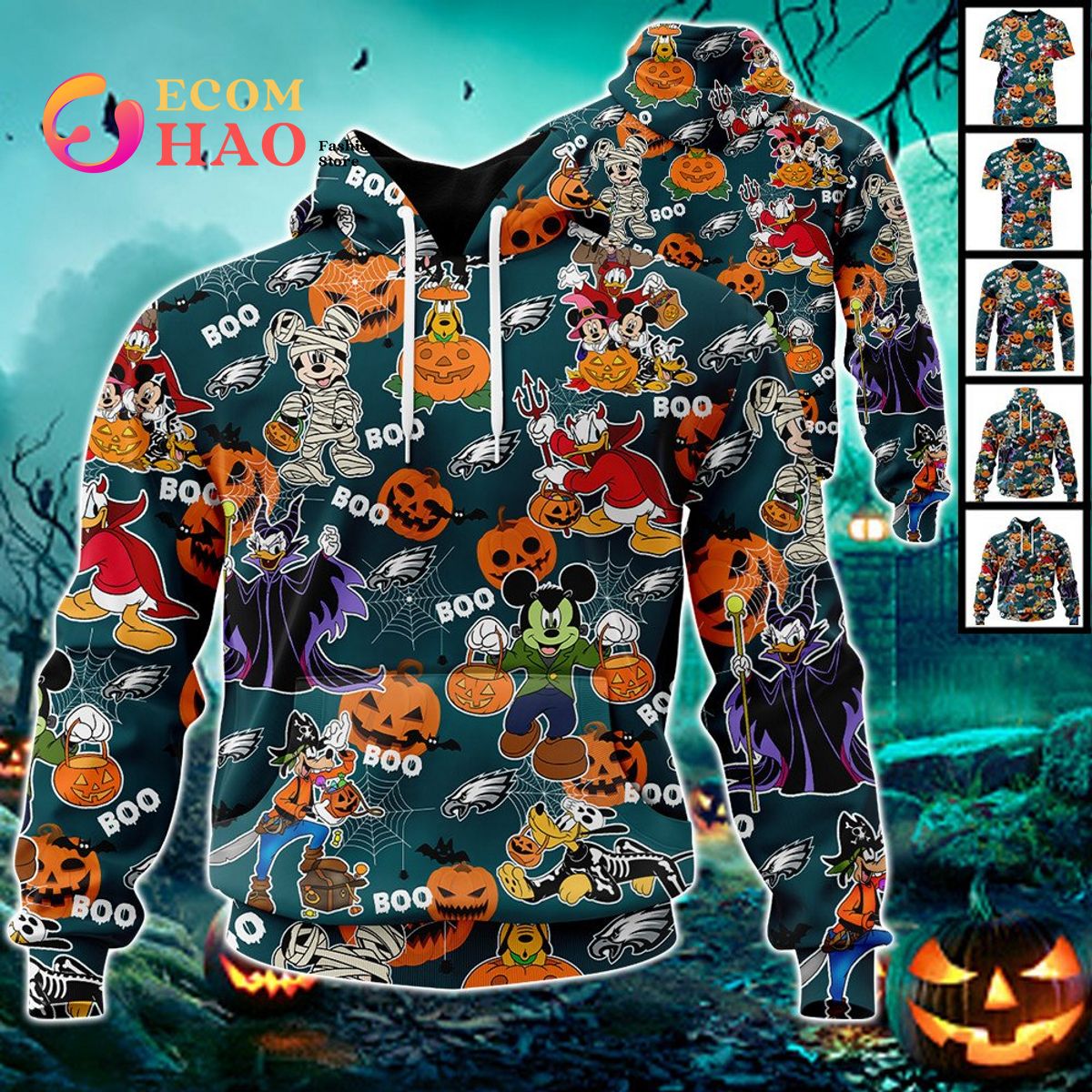 NFL Eagles Halloween Jersey Mickey With Friends Style 3D Hoodie