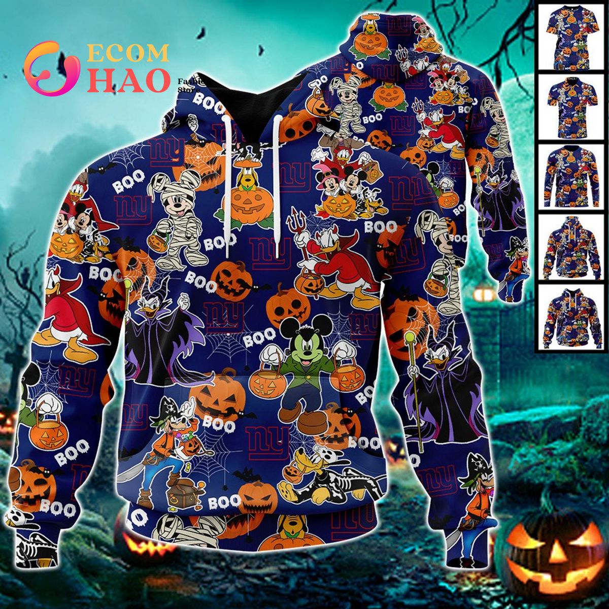 NFL Giants Halloween Jersey Mickey With Friends Style 3D Hoodie