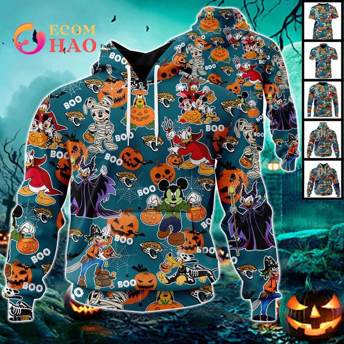 NFL Jaguars Halloween Jersey Mickey With Friends Style 3D Hoodie