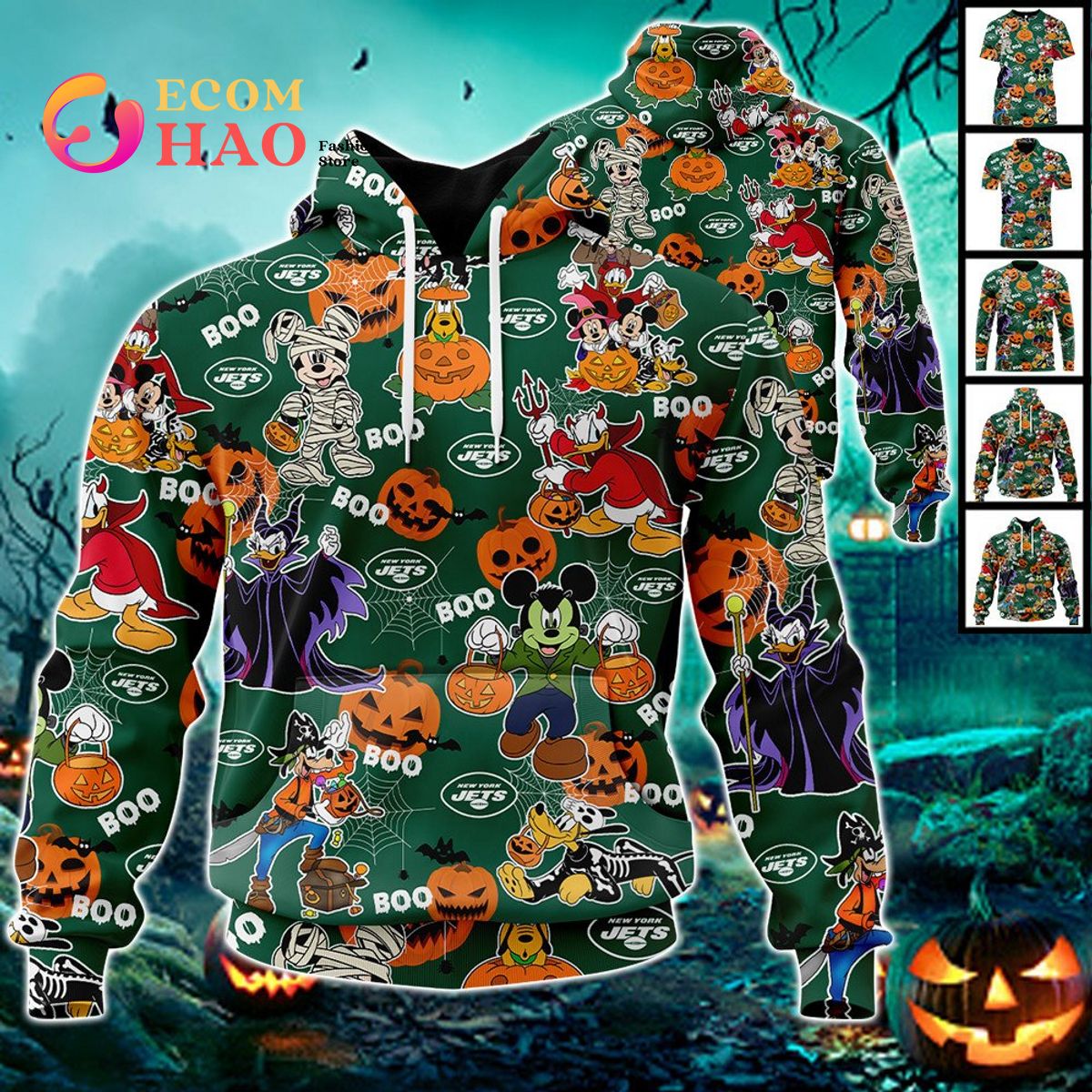 NFL Jets Halloween Jersey Mickey With Friends Style 3D Hoodie