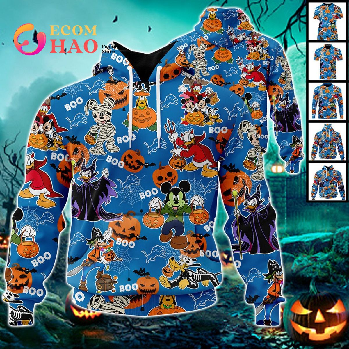 NFL Lions Halloween Jersey Mickey With Friends Style 3D Hoodie