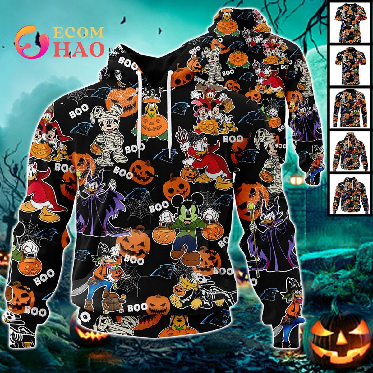 NFL Panthers Halloween Jersey Mickey With Friends Style 3D Hoodie