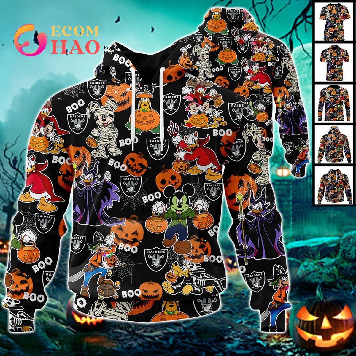 NFL Panthers Halloween Jersey Mickey With Friends Style 3D Hoodie