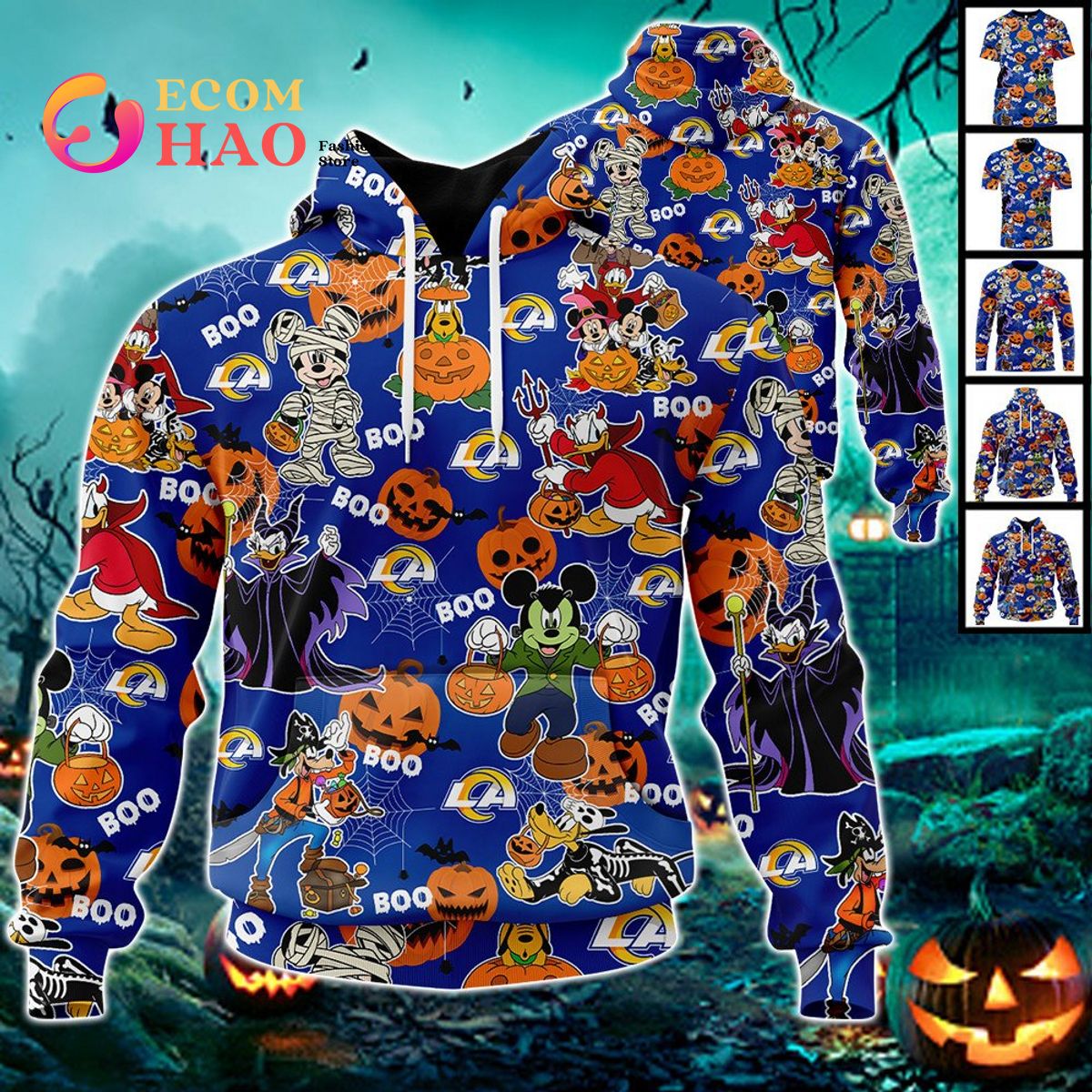 NFL Rams Halloween Jersey Mickey With Friends Style 3D Hoodie