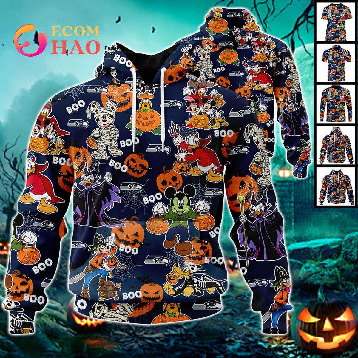 NFL Vikings Halloween Jersey Mickey With Friends Style 3D Hoodie