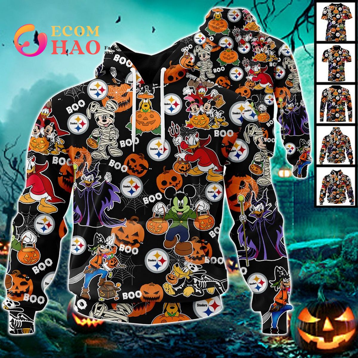 NFL Steelers Halloween Jersey Mickey With Friends Style 3D Hoodie