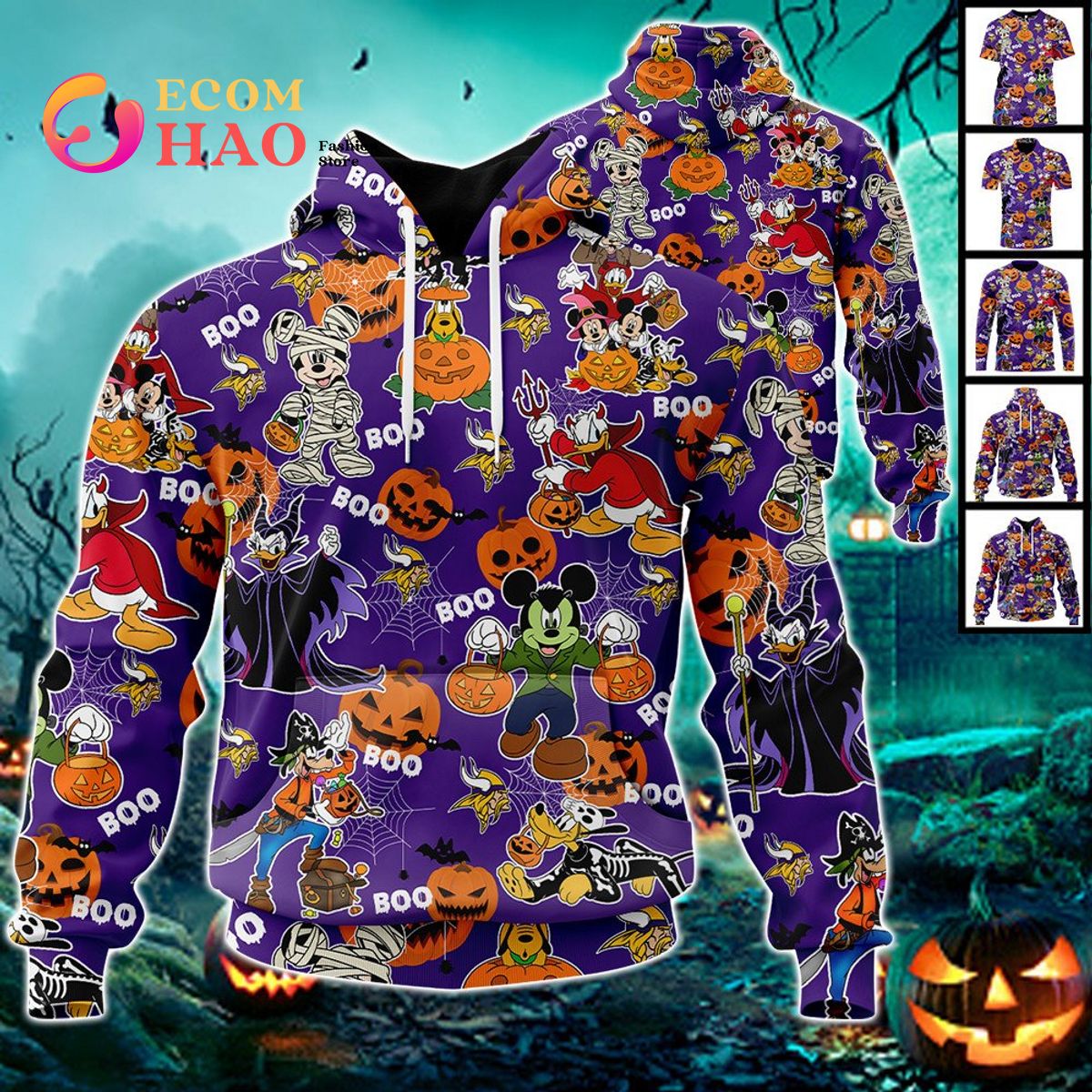 NFL Vikings Halloween Jersey Mickey With Friends Style 3D Hoodie