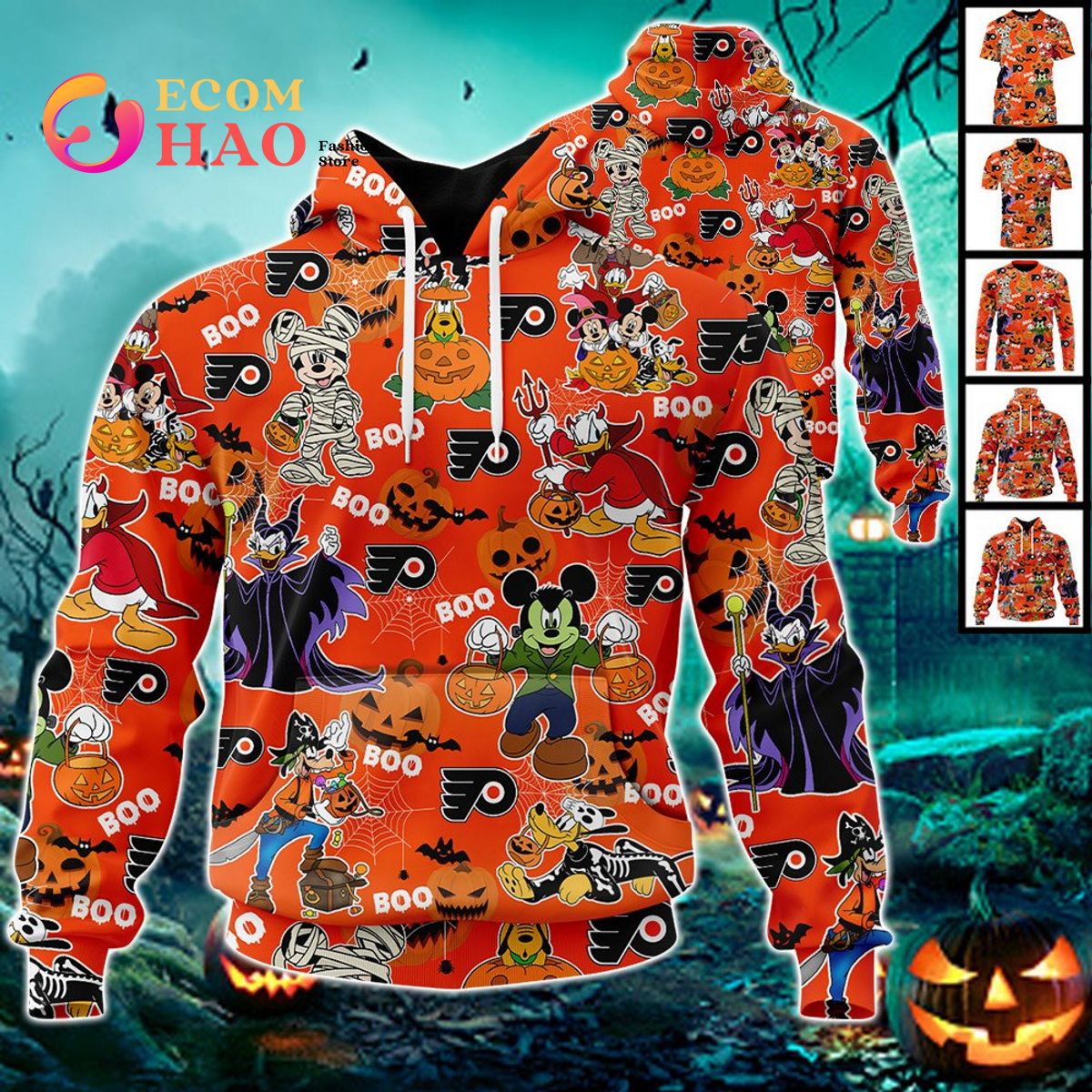 NHL Philadelphia Flyers Halloween Jersey Mickey with Friends 3D Hoodie