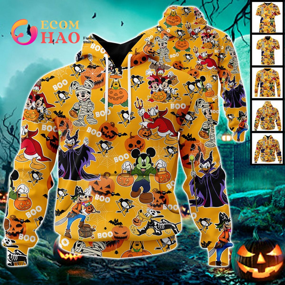 NHL Pittsburgh Penguins Halloween Jersey Mickey with Friends 3D Hoodie