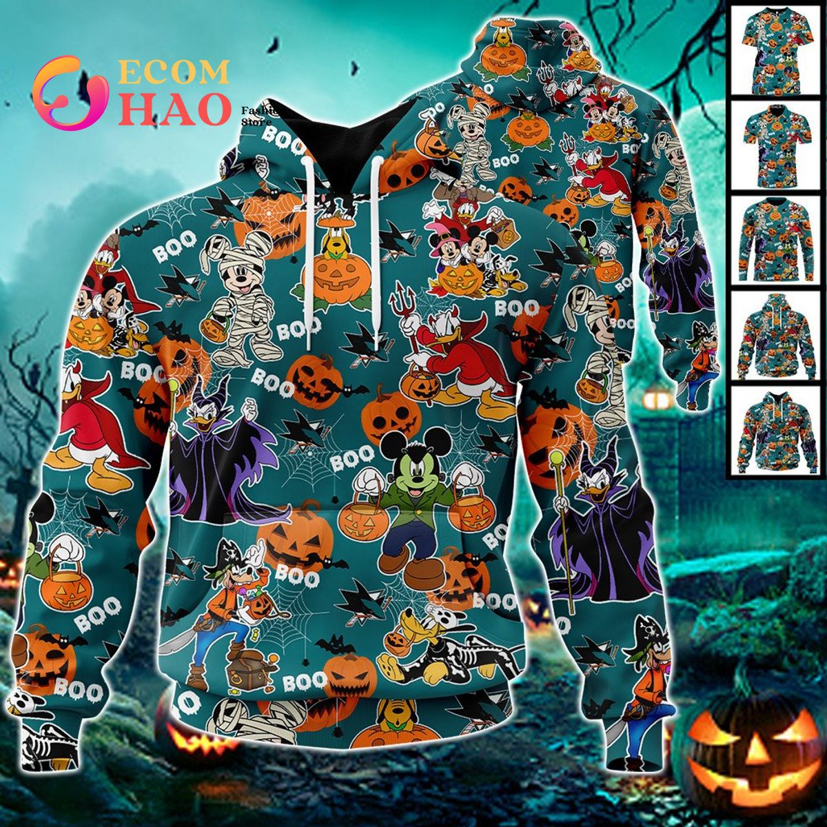 NHL San Jose Sharks Halloween Jersey Mickey with Friends 3D Hoodie