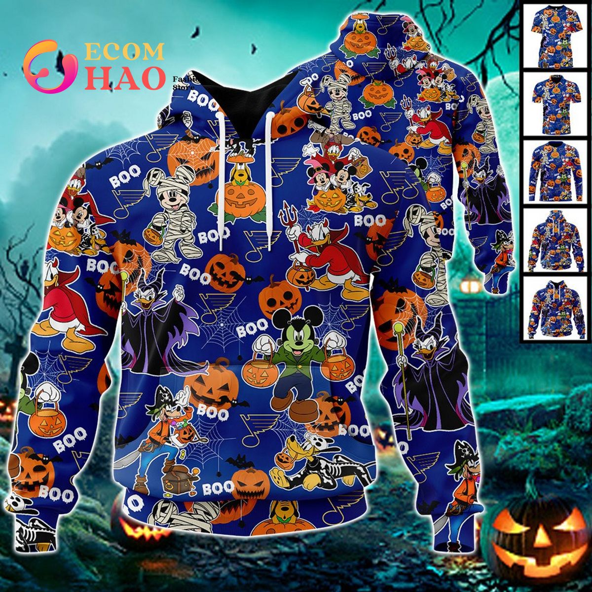 NHL St. Louis Blues Halloween Jersey Mickey with Friends 3D Hoodie