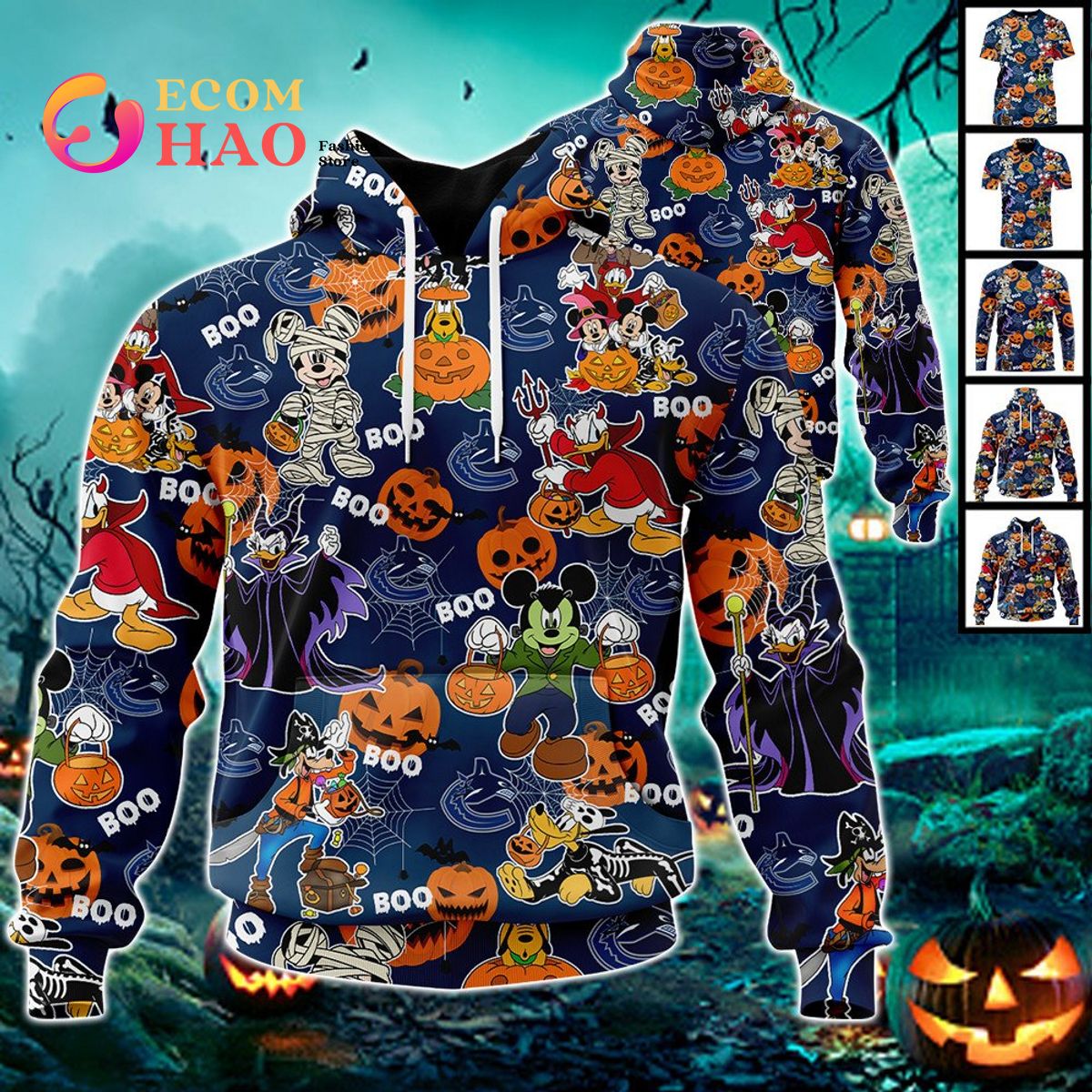 NHL Vancouver Canucks Halloween Jersey Mickey with Friends 3D Hoodie