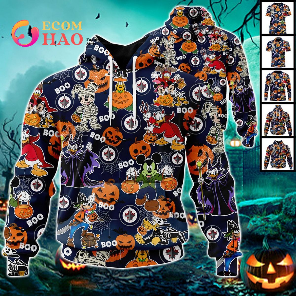 NHL Winnipeg Jets Halloween Jersey Mickey with Friends 3D Hoodie