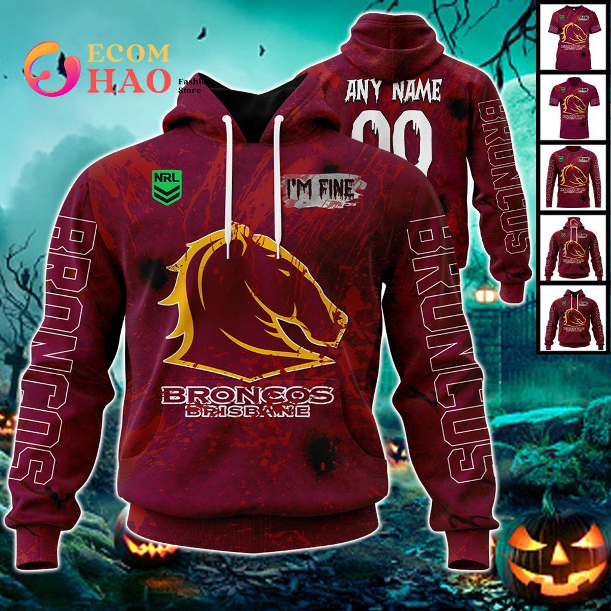 NRL Brisbane Broncos Halloween Jersey All Over Print 3D Hoodie