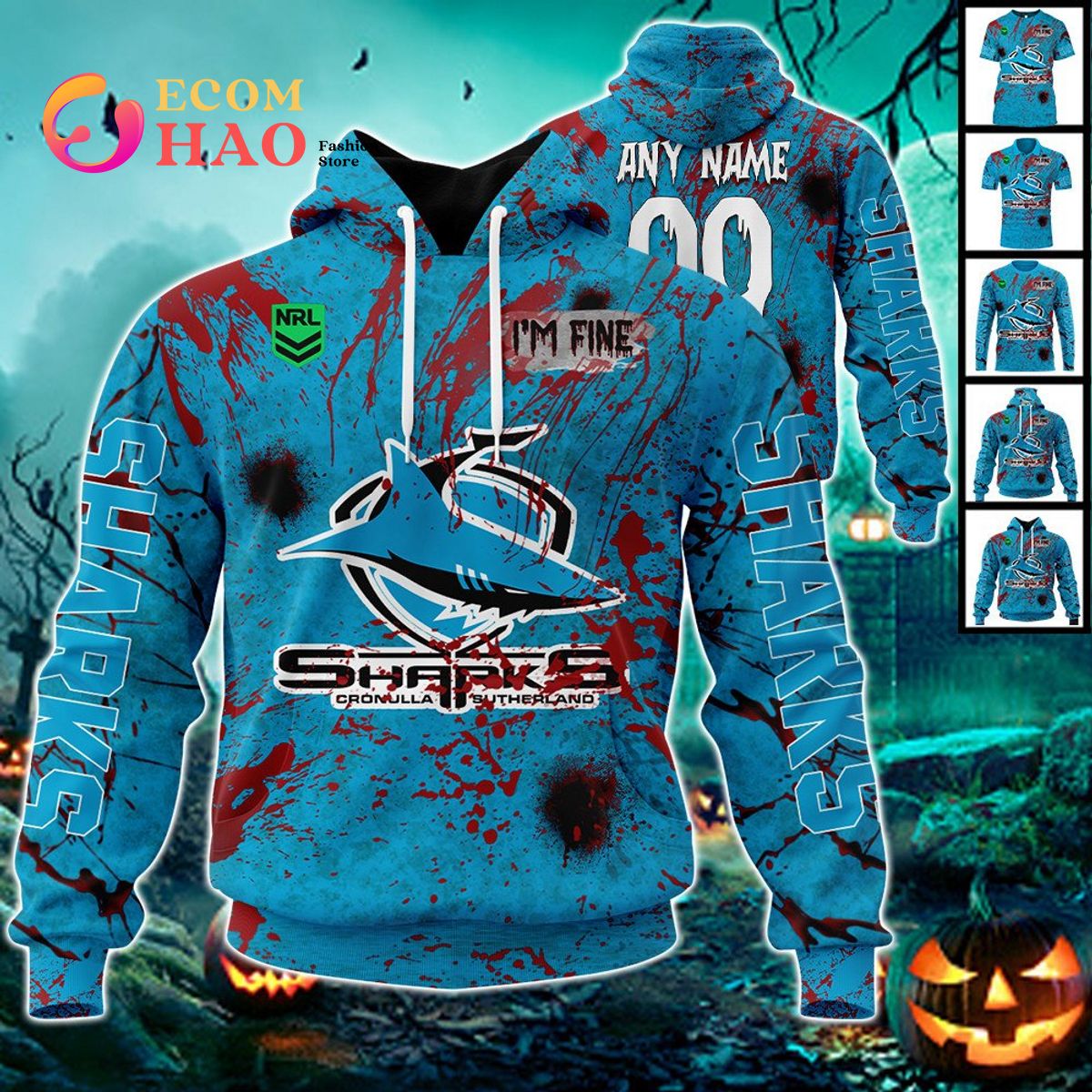 NRL Cronulla-Sutherland Sharks Halloween Jersey All Over Print 3D Hoodie